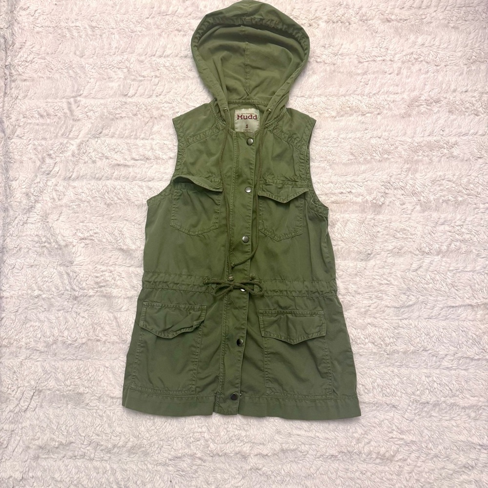 Mudd small Olive Green Cargo Style Vest Hood Y2K Button-Up Utility Look
